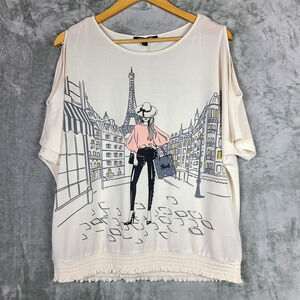 Love + Lace Paris Cold Shoulder Top Stretchy Smocked Hem Feminine Glam Size XL